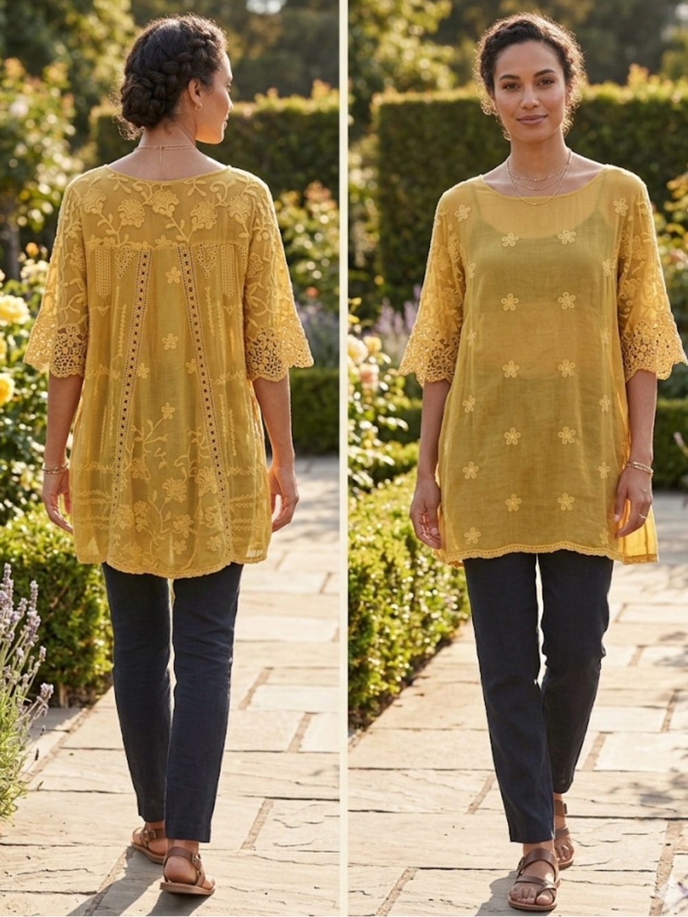 Johnny was Embroidered Nenti Floral Mustard Tunic size Lg